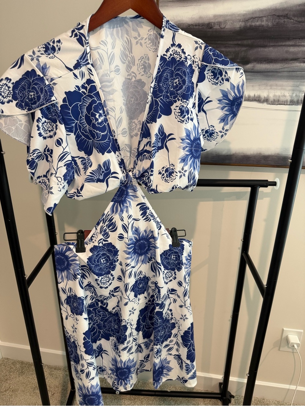 Blue & White Floral Midi Dress with Cutout